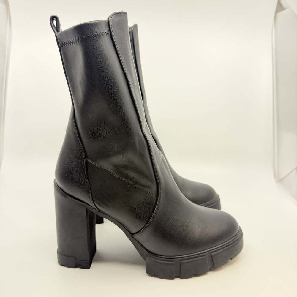 Aldo QUALITY Faux Leather Ankle Boots Chunky Heel Zip Black US 8.5 EU 39 CLEAN